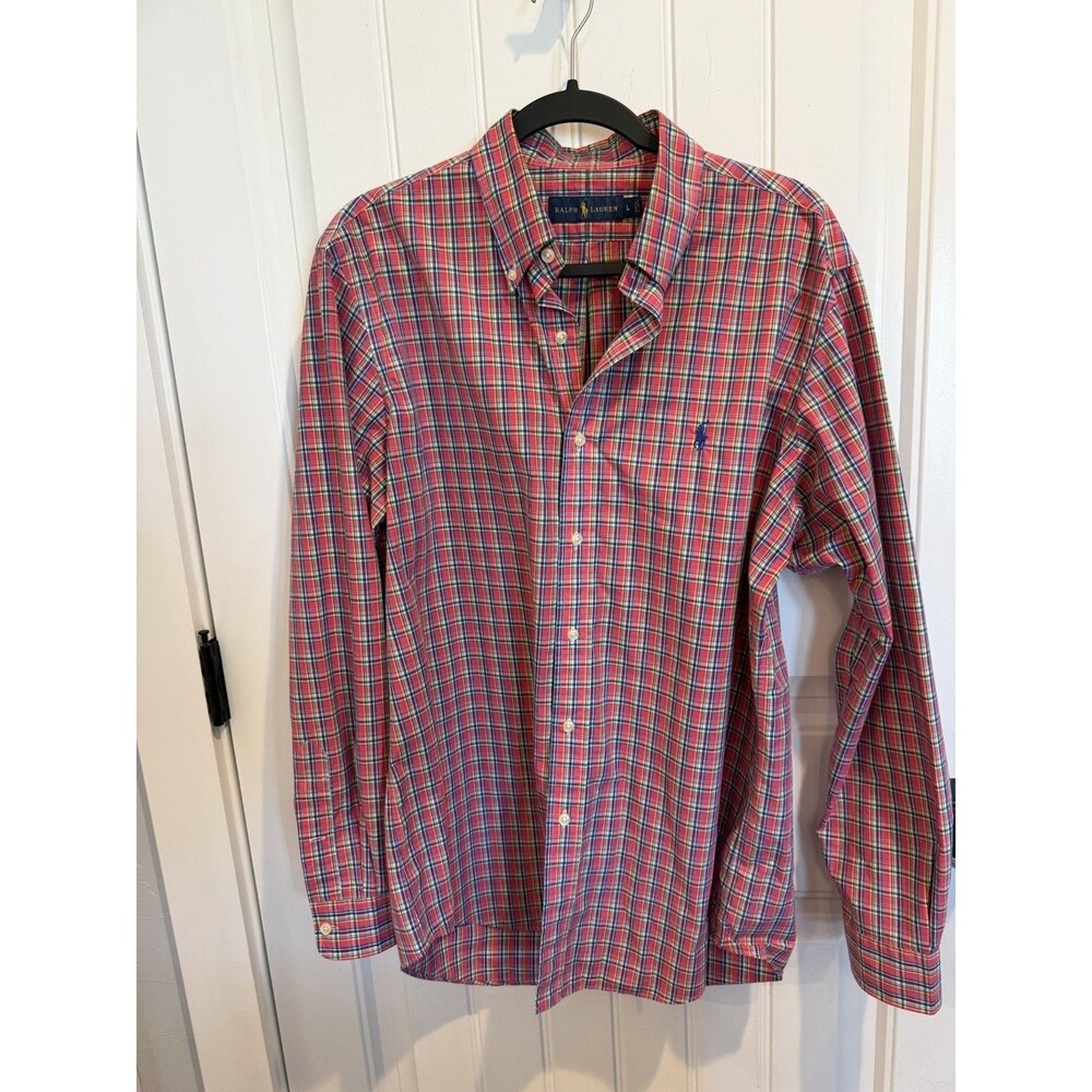 Polo Ralph Lauren Mens Large Red Plaid Button Down Shirt Long Sleeve Pony Logo